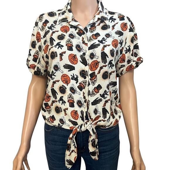 Spirit Halloween Creature Of The Night Button Down Shirt Large Tied Skull Cat - Picture 1 of 8